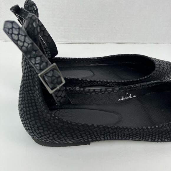 Joie Sz 9 Temple Black Embossed Leather Ankle Wrap Ballet Flats Pointed Toe - Picture 8 of 16